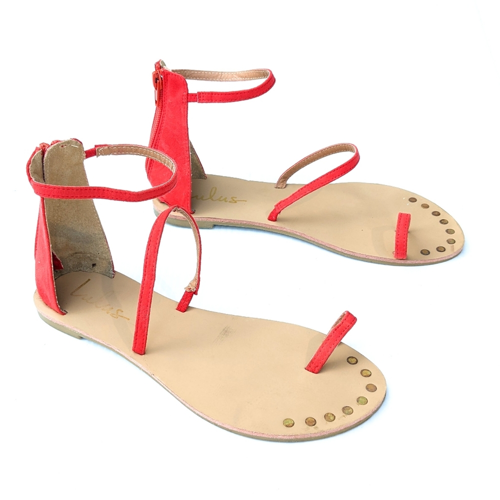 Lulus Red Toe Strap Ankle Strap Flat Sandals - image 1